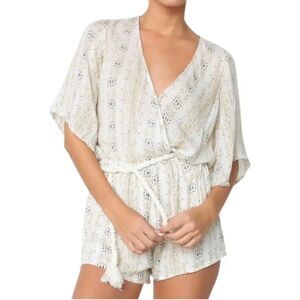Faithfull The Brand Playsuit Romper Keyhole Open Back White Gold Print Women’s 2